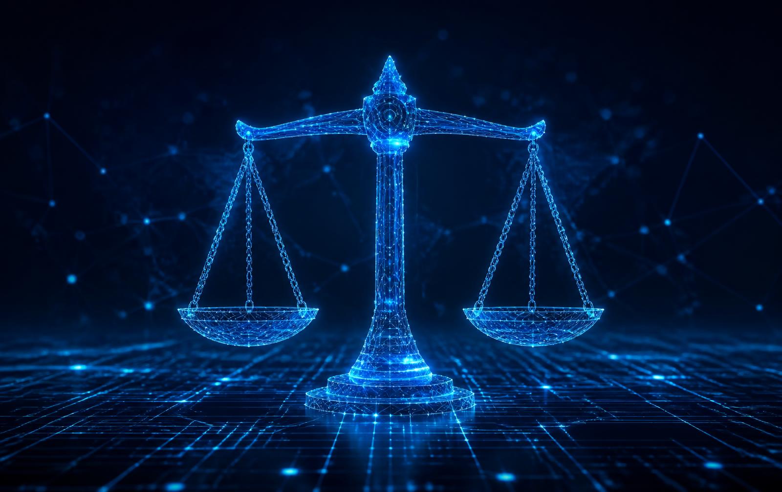 Balança da justiça formada por linhas digitais luminosas