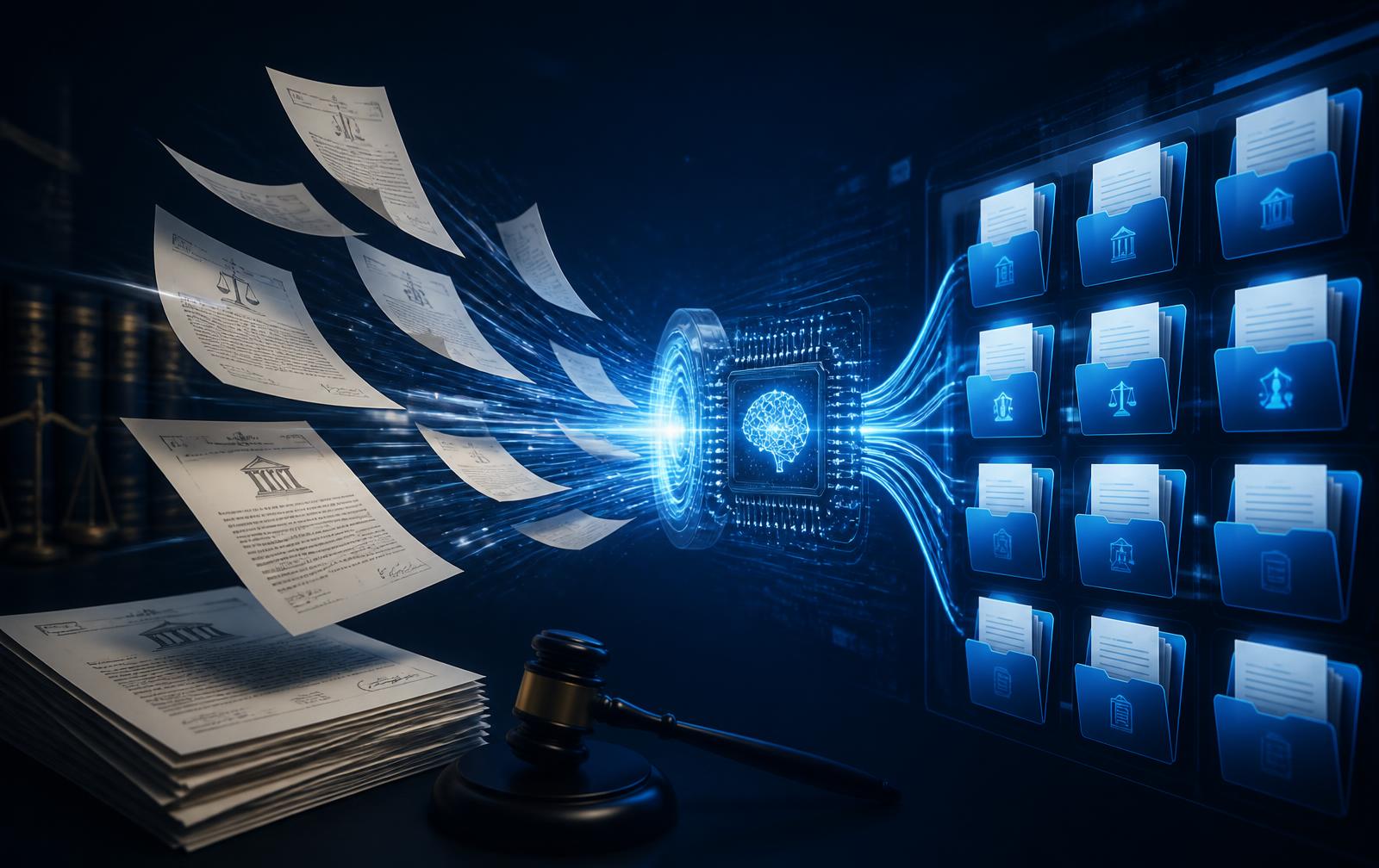 Ofícios sendo processados por inteligência artificial e organizados digitalmente